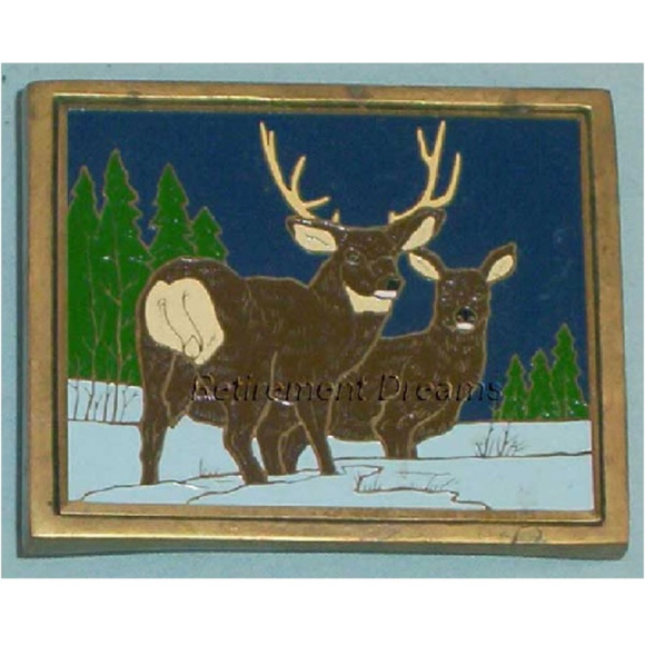 BRASS Belt Buckle 1983 White Tail Deer Forest Tree - Picture 1 of 4